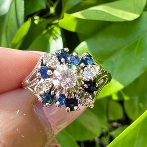 ANTIQUE VINTAGE 14K WHITE GOLD BLUE SAPPHIRE DIAMOND COCKTAIL CLUSTER RING